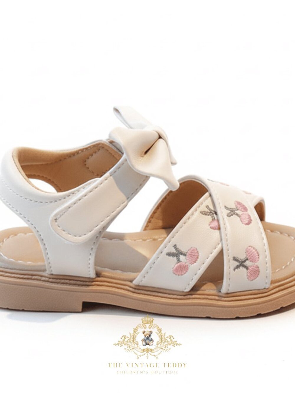 NWT Pretty Girls Embroidered Floral Sandals Children's Shoes Bow Cream & Pink 9 - Picture 2 of 3